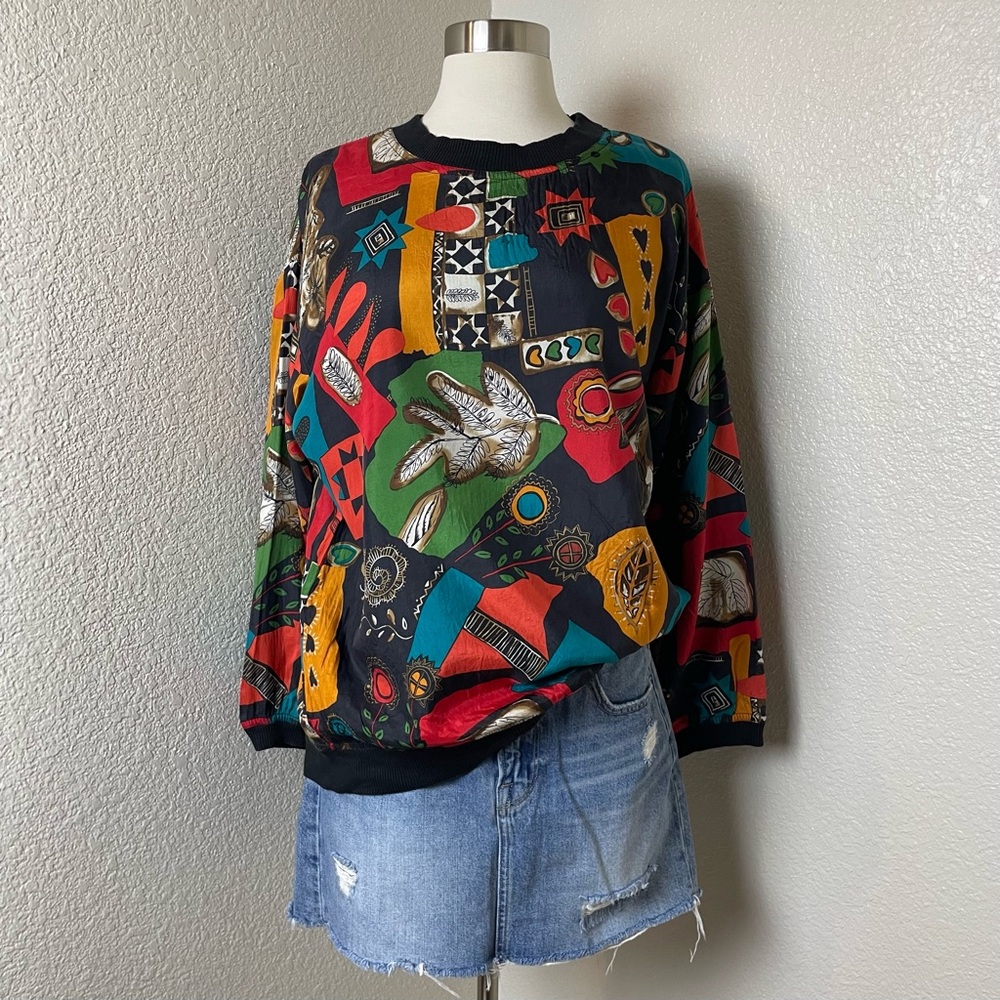 VINTAGE 80s Carole Little Sport Funky Silk Graphic Crewneck Sweatshirt